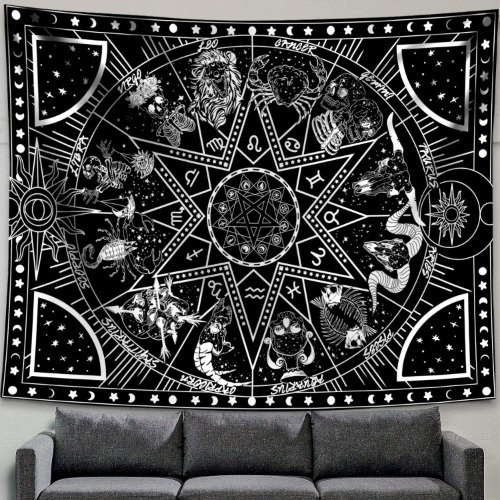 Zussun 12 Constellation Tapestry Star Sun Tarot Tapestry Black and White Hippy CelestialBohemian Home Decor (60" x 80") - 60" x 80"