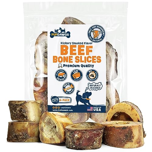 PUPDAWGS Dog Bones for Aggressive Chewers | Hickory Smoked Flavor Beef Bone Slices | Dog Bones for Small Dog | All Natural Dog Bone Treats Made in The USA (6 Piece Pack) - 6 Count (Pack of 1)