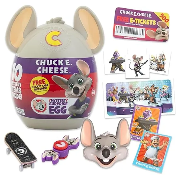 Chuck E. Cheese Mystery Egg, Collectible Figure & Accessories, E Tickets, 10 pc Mystery Suprises, Official Merch