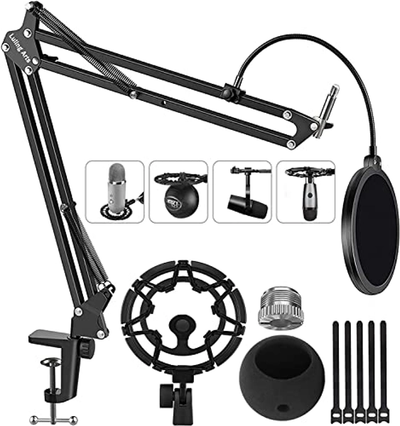 Microphone Stand for Blue Yeti, Snowball, Boom Arm Scissor Mic Stand with Shock Mount, Windscreen and Double layered Pop Filter, Heavy Duty Mic Boom Arm Stand, Broadcasting and Recording.Game