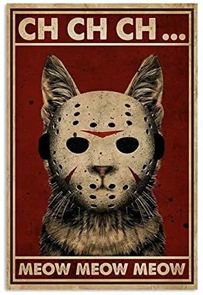 Noete Horror Jason Cat Meow Metal Poster Wall Decor For Him Country Home Decor Vintage Tin Sign 8x12 Inch Red 8 x 12 Inch