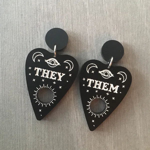 Pronoun Planchette Earrings / Goth Jewelry / Pastel Goth Earrings / Pronoun Jewelry / Spooky Earrings / Sterling Silver / Hypoallergenic