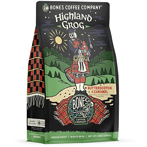 Bones Coffee Company Highland Grog Flavored Ground Coffee Beans Butterscotch Caramel | 12 oz Medium Roast Low Acid Coffee Arabica Beans | Flavored Coffee Gifts & Beverages (Ground) - Butterscotch Caramel - 12 oz Ground Coffee