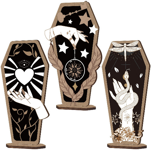 3 Pieces Halloween Decoration Witch Hand Wooden Coffin Sign Spooky Hands Stars Hearts Gothic Home Decor Table Desk Accessories for Halloween Party Supplies Home Decor (Cool Style) - Cool Style