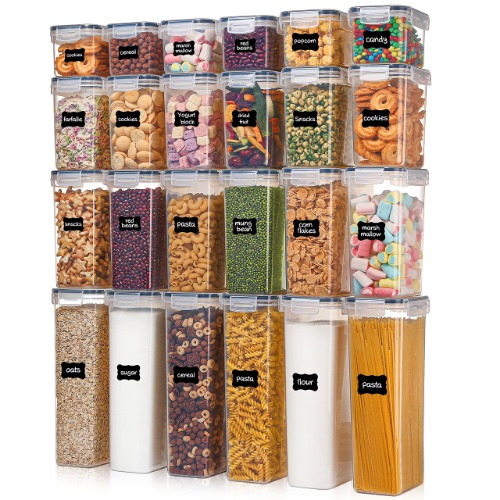 Airtight Food Storage Containers with Lids, Vtopmart 24 pcs Plastic Kitchen and Pantry Organization Canisters for Cereal, Dry Food, Flour and Sugar, BPA Free, Includes 24 Labels - Black