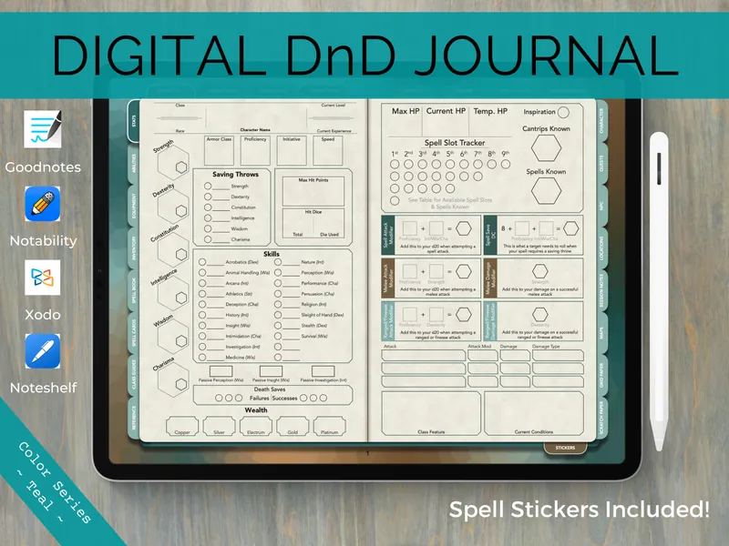Digital DnD Character Journal, DnD Character Sheet with Spell Cards, Goodnotes & Notability, Dungeons and Dragons 5e, Color Series - Teal