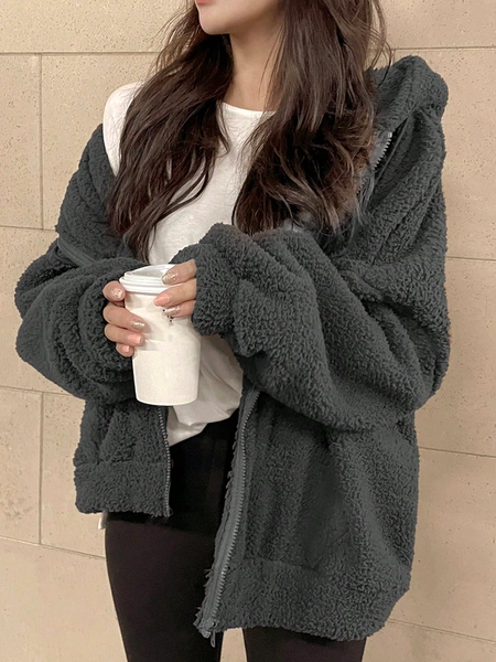 DAZY Solid Drop Shoulder Teddy Hoodie
