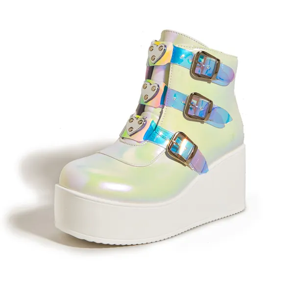 LUCKY STEP Women Platform Chunky Ankle Boots - Round Toe Zipper Wedges High Heels Rave Buckle Thick Sole Goth Booties - 9 White Hologram