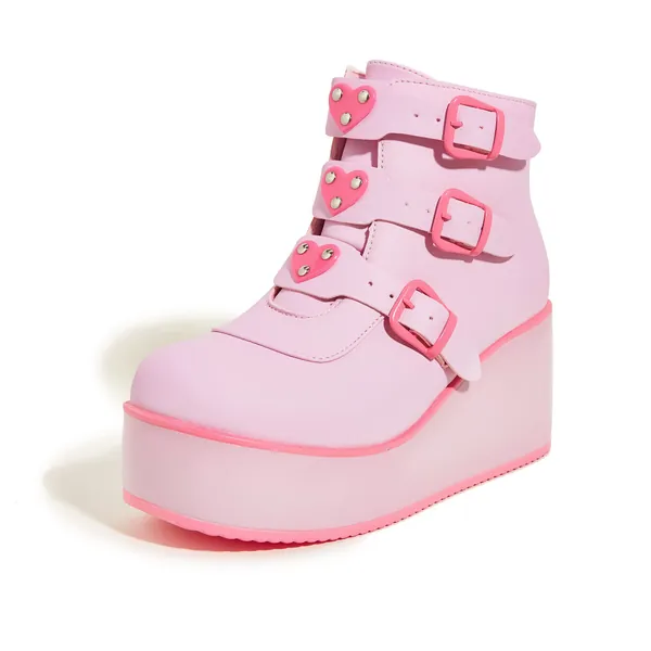 LUCKY STEP Women Platform Chunky Ankle Boots - Round Toe Zipper Wedges High Heels Rave Buckle Thick Sole Goth Booties - 9 Pink/Fuchsia