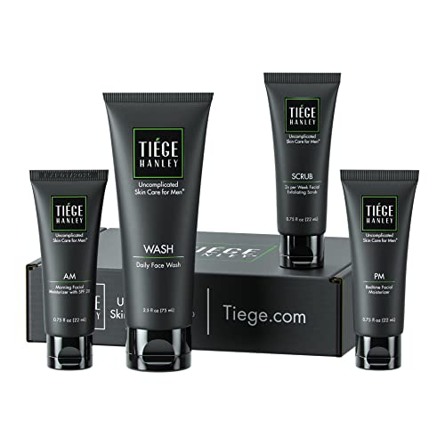 Tiege Hanley Essential Skin Care Routine for Men | Skin Care System Level 1 | Face Wash, Scrub, and Two Moisturizers | Made in USA | 30 Day Supply - 4 Piece Set