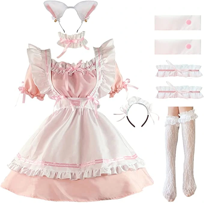 Amazon.com: LISANEK Maid Outfit Anime Cosplay Lolita Maid Dress French Maid Costume Plush cat ear Socks set (M, Pink) : Clothing, Shoes & Jewelry