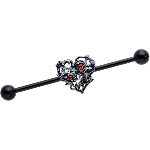 14 Gauge Clear Red CZ Gem Black Heart Floral Industrial Barbell 38mm | Default Title