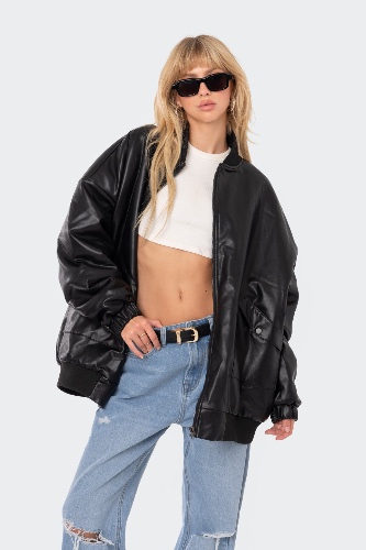 Faux Leather Oversized Bomber Jacket | BLACK / XS