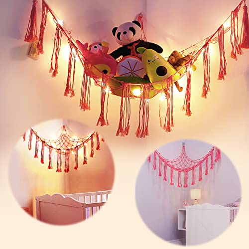 AVITORO Stuffed Animal Net or Hammock with LED Light, Hanging Corner Net for Stuffed Animals Storage, Hammock Holder with Hooks, Toy Organizer for Bedroom Nursery Crib Kindergarten - Pink