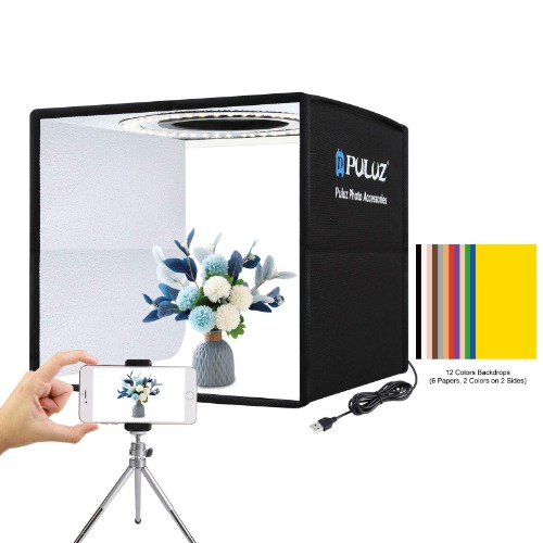 PULUZ Mini Photo Studio Light Box, Photo Shooting Tent kit, Portable Folding Photography Light Tent kit with CRI >95 96pcs LED Light + 6 Kinds Double- Sided Color Backgrounds for Small Size Products - Black-25cm Studio Box