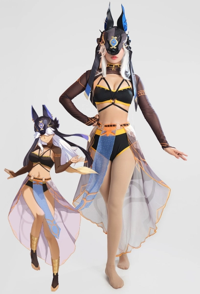Genshin Impact Cyno Derivative Bikini Set Swimsuit Cutout Two-Piece Bathing Suit Swimwear with Long Sleeve Top and Wrap Skirt and Choker