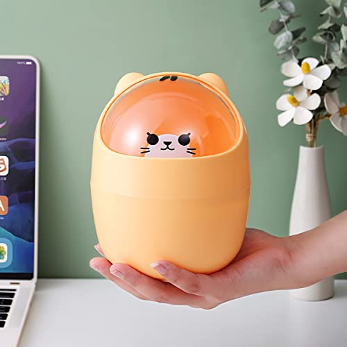 Mini Trash Can, Cute Animal Desktops Trash Bin with Lid, Protable Rubbish Storage, Paper Bin, Garbage Bin for Office Kids Bedroom Use, 11*15.5 cm, 4L (Yellow) - Yellow
