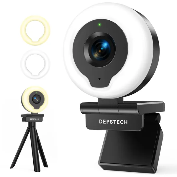 1080P Webcam with Light, DEPSTECH D14 Auto Focus Webcam with Microphone, 2 Colors and 3-Level Brightness, Plug and Play USB Computer Camera, Streaming Web Camera for Laptop PC/Video Call/Zoom/Skype - 