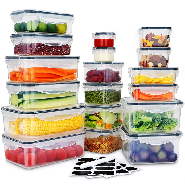 36 PCS Food Storage Containers Large , (18 Stackable Plastic Containers with 18 Lids) - 100% Airtight & BPA-Free & Microwave, Dishwasher Safe Food Storage with Chalkboard Labels & Marker… - Transparent- 387.7 OZ