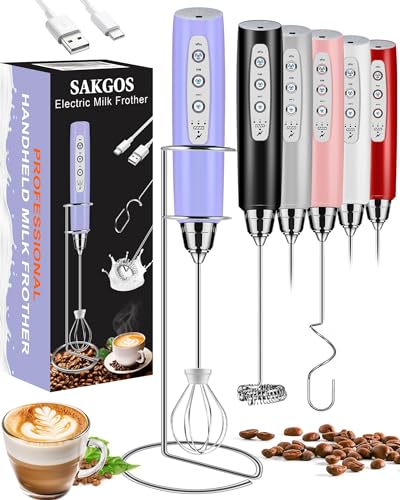 Sakgos Rechargeable Milk Frother with Stand - Handheld Coffee Frother with 3 Stainless Whisks 3 Speed Adjustable, Electric Whisk Drink Mixer, Foam Maker Blender for Matcha Latte Cappuccino Chocolate - With Stand - Light Purple