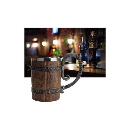 Wood Imitation Barrel Stainless Steel Beer Mug, Pirate Viking Cup Fantasy Medieval Tavern Wood Tankard for Bar Restaurant Home Decor, 22 ounces