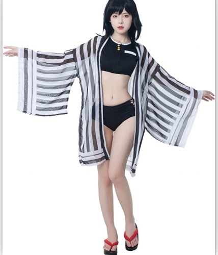 CR ROLECOS Shinobu Kocho Cosplay Swimsuit Womens Anime Kimono Cardigan Cover Up Bikini Swimwear - Small Stripe Black