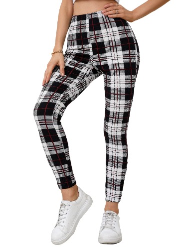 SOLY HUX Women's Pants Plaid High Waisted Skinny Leggings Stretchy Casual Pants - X-Small Black and White
