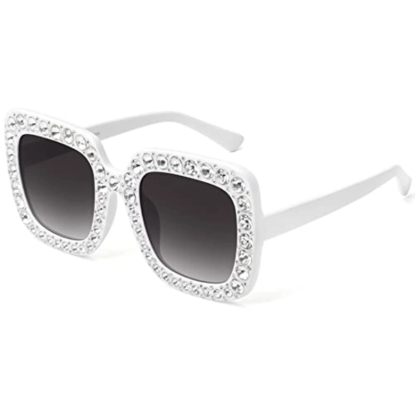 MEETSUN Elton Square Rhinestone Sunglasses Oversized Diamond Bling Bling Glasses - White Frame-gray Lens