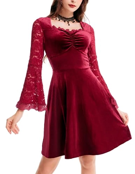Scarlet Darkness Women Velvet Dress Gothic Skater Long Sleeve Cocktail Dresses with Pocket - Large - Velvet-wine
