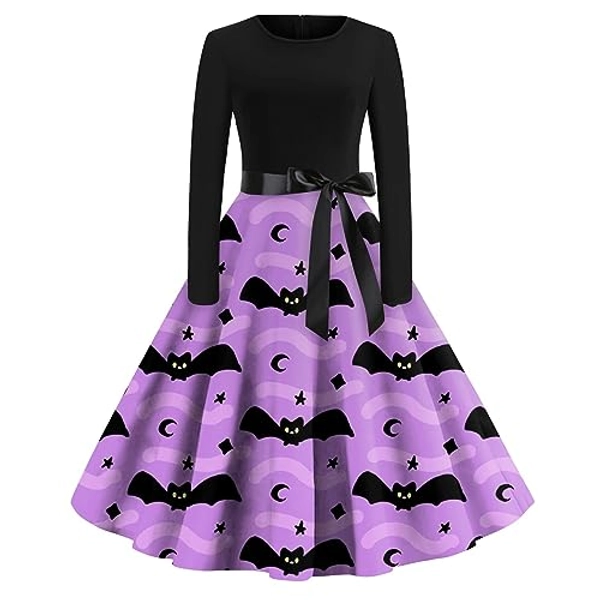 DGZTWLL Halloween Dress for Women, 1950s Retro Rockabilly Cocktail Swing Tea Dress Skeleton Pumpkin Printed Cosplay Dress - A4-purple - Large