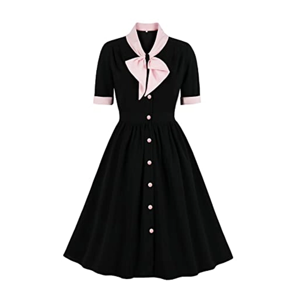 Vintage Women 1940s Bow Tie Neck Dress Retro 40s 50s Button Up Business Work A-line Cocktail Dresses - Large - Black