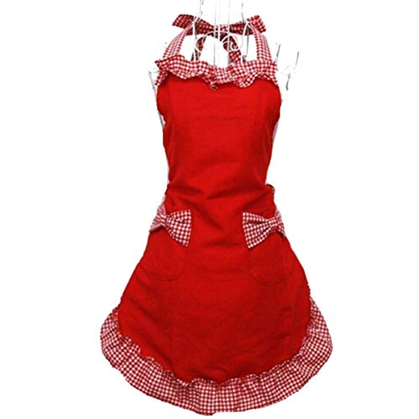 Hyzrz Cute Fashion Cotton Red Aprons for Women Girls Vintage Cooking Retro Apron with Pockets for Mother's day Gift - Red
