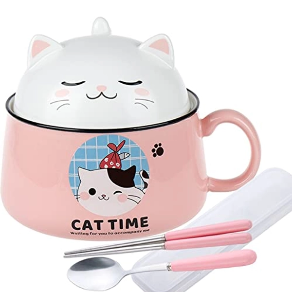 Ramen Bowl with Lid, Cute Cat Instant Noodle Bowl, 34.5 OZ Ramen Cooker with Chopsticks and Spoon, Bowl with Handle For Soup, Salad, Cereal, Pasta, Dessert(Pink) - Pink