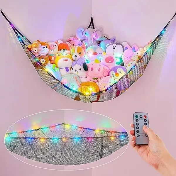 Basumee Stuffed Animals Net or Hammock with LED Light Hanging Toy Net Hammock for Stuffed Animals Storage Stuff Animals Hammocks for Nursery Kids Room with Remote Control, 8 Kinds of Lights(Pack of 1) - Black - 51'' x 51" x 71" (Pack of 1)