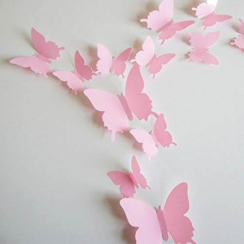 24pcs 3D Butterfly Removable Mural Stickers Wall Stickers Decal for Home and Room Decoration (Pink-24pcs) - Pink-24pcs