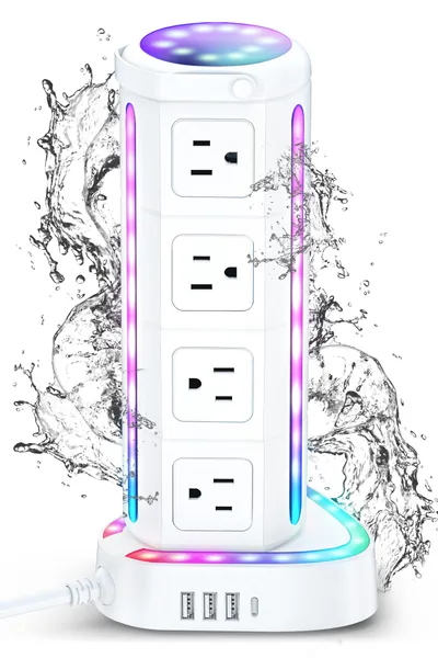 RGB Power Strip Tower with USB C PD 20W, Waterproof Surge Protector with 12 Outlets and 3 USB Ports, 2000J 1875W 6ft Extension Cord, Charging Station for Gaming Party Home Office - 12AC-6FT White