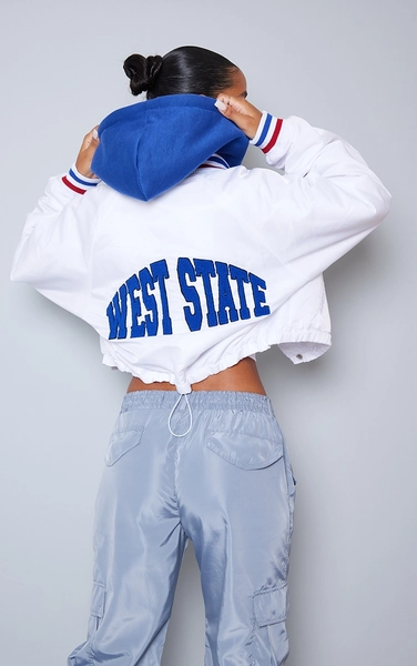White Contrast Jersey Hooded Cropped Nylon Bomber Jacket