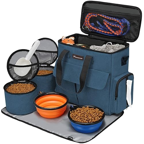 Modoker Dog Travel Bag, Weekend Pet Travel Set for Dog and Cat, Airline Approved Tote Organizer with Multi-Function Pockets, 2 Food Storage Containers, 2 Collapsible Bowls, 1 Feeding Mat (Blue) - Blue