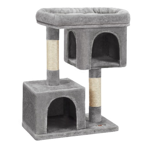 FEANDREA Cat Tree for Large Cats, 22-Inch Widened Perch, Indoor Cat Tower, 2 Plush Condos and Sisal Scratching Posts, 2-Door Cat Cave, Multi-Level Cat House, 33.1-Inch Height, Light Grey UPCT61W - Light Gray