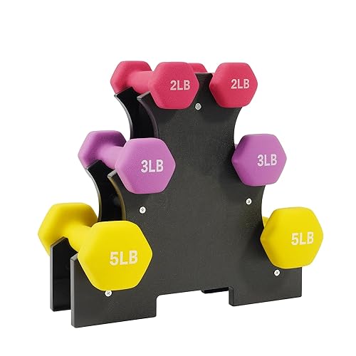 Fitvids Colored Neoprene Dumbbell Set with Rack, Multiple Weight Options, 20LBS, 32LBS, 50LBS, 56LBS Sets - 20LB Set (2/3/5LB Pairs)