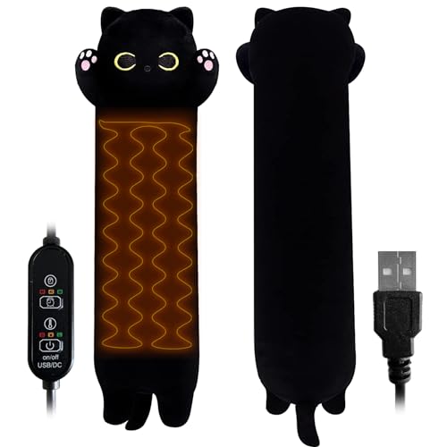 Heating Pad for Menstrual Cramps Period & Neck Shoulder Pain Relief, Portable Cuddly 19.7" Plush Cat with a Hot Soft Belly USB Powered, Gift for Daughter Girlfriend Wife - Heating Black Cat 02