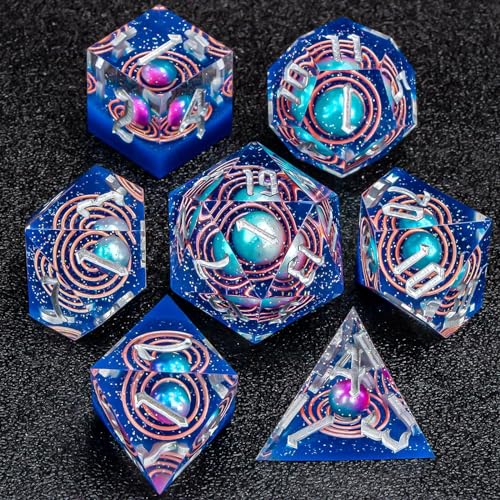KERWELLSI Galaxy Sharp Edge DND Dice Set D&D with Box, 7 Pcs Resin Dungeons and Dragons Role Playing Dice, Blue Polyhedral D and D Dice D20 D12 D10 D8 D6 D4 - Blue