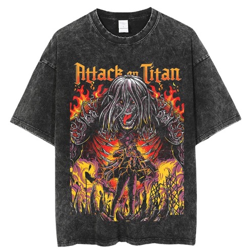 "ROCK N' RUMBLE" - AOT Anime Eren Yeager Vintage Washed Oversized T-Shirt | M (Oversized US/EU Sizing)