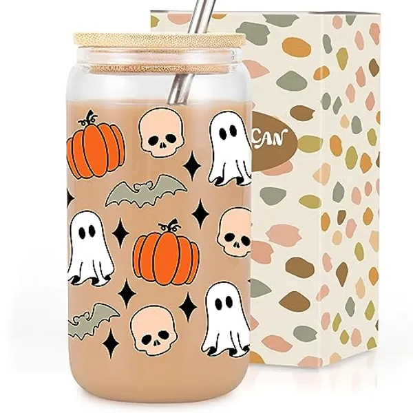 Coolife Halloween Pumpkin Ghost Skull Cups - 16 oz Pumpkins Fall Cup Mug, Tumbler Glass Cups w/Lids Straws, Spooky Cups for Iced Coffee, Goth Spooky Gifts for Her, Halloween Gifts for Women Teen