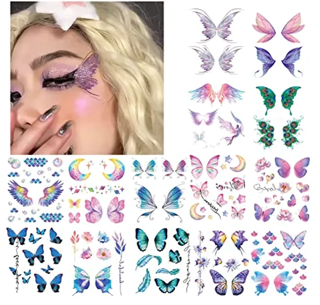 14 Sheets Glitter Butterfly Temporary Tattoos Sticker for Women Girls Eye Face Makeup Decoration, Flash Fairy Body Art Shiny Butterflies Waterproof Fake Tattoos for Festival Party Eye Decor