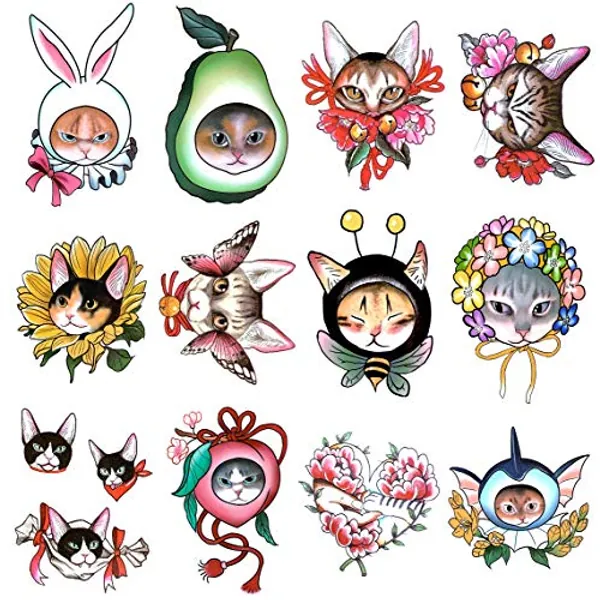 Oottati 30 Sheets Super Cute Tiny Cats Head Flower Temporary Tattoo Suit for Kids Women