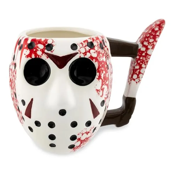 Silver Buffalo Warner Bros Friday The 13th Jason Mask with Knife Ceramic Coffee 3D Sculpted Mug, 1 Count (Pack of 1), Multicolor, 20 fluid ounce.