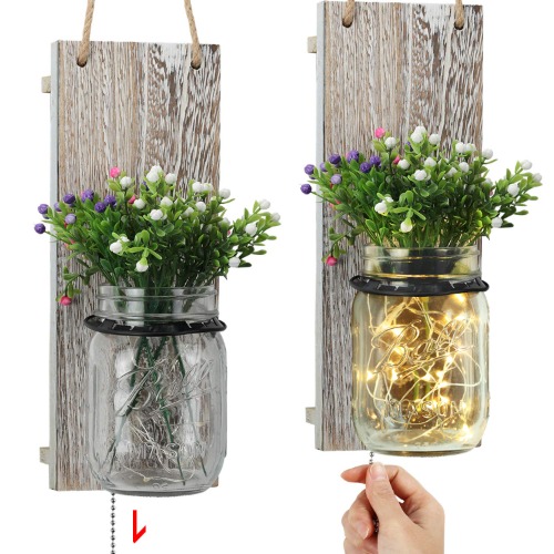 TJ.MOREE Jar Wall Sconces, Vintage Home Decor with Pull Chain Switch, Seasonal Interchangeable Colorful Flowers and LED Strip Lights Design for Farmhouse Home Decoration - Shabby White (Set of 2)