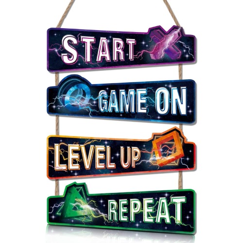 KAIRNE Video Game Room Sign,Gaming Decor For Boys Room set of 4(12x4inch)Gamer Room Wooden Plaque,Inspirational Lightning Fashion Gaming Posters Door Sign for Teenage Boy Man Cave Gaming Room Decor