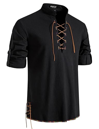 JEMITOP Men's Pure Cotton Retro Lace Up Shirts for Renaissance Pirate Viking Medieval - Black-d - Medium